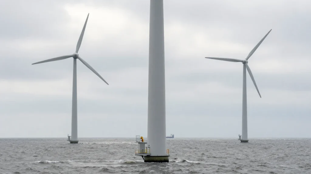 Tres aerogeneradores flotantes blancos se alzan en el mar del Norte bajo un cielo nublado.