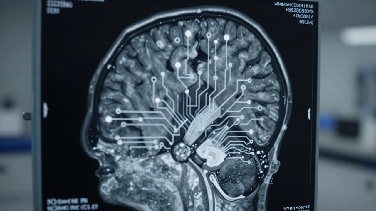 Escaneo cerebral con superposición de circuito impreso en un laboratorio médico.