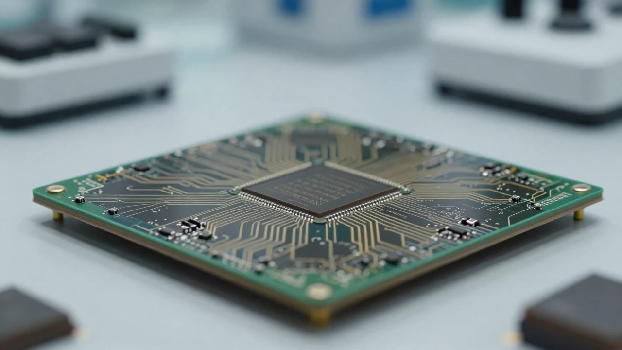 Circuito integrado neuromórfico de silicio en un entorno de laboratorio de alta tecnología.