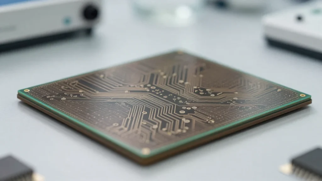 Circuito integrado de silicio con patrones que evocan conexiones neuronales en un laboratorio.