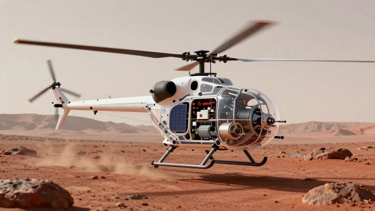 Corte transversal del helicóptero Ingenuity mostrando sus componentes internos sobre la superficie marciana.