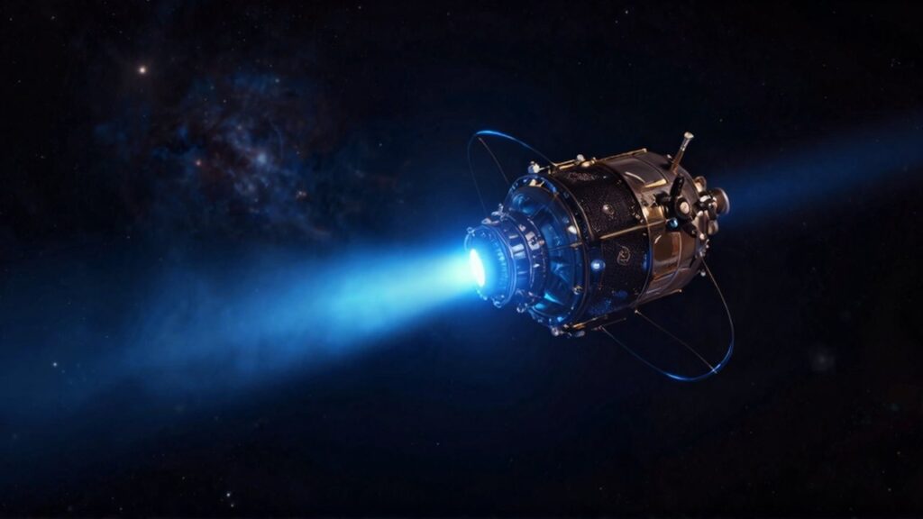 Un propulsor de iones de un satélite emite un resplandor azul en el espacio profundo.