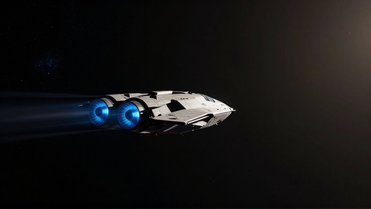 Una nave espacial avanzada avanza por el espacio profundo con un resplandor azul en sus propulsores.