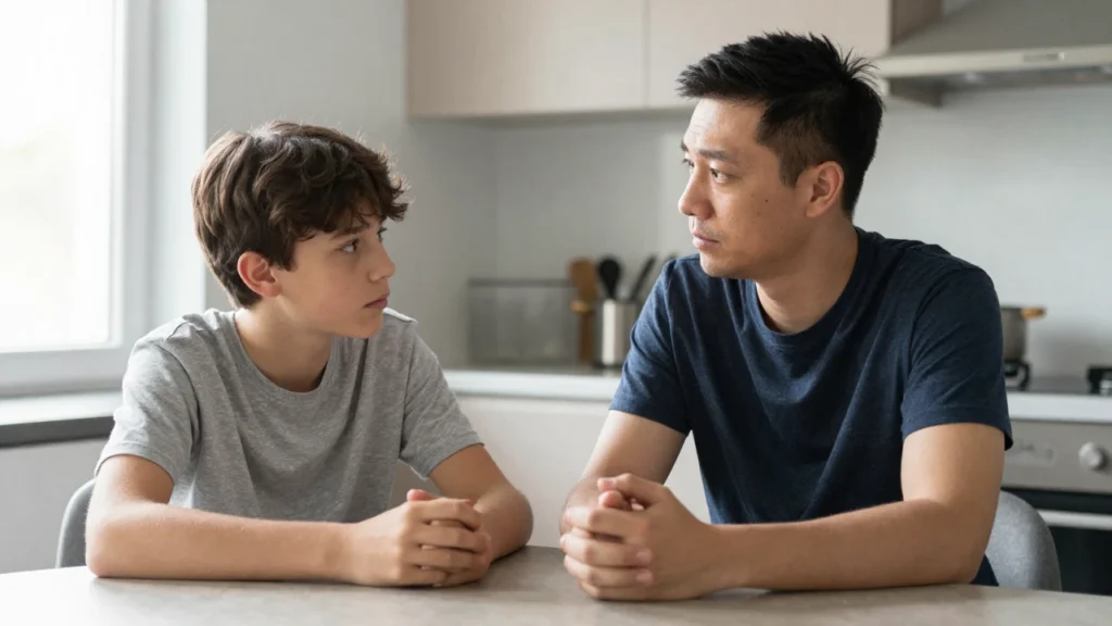 Un padre escucha con atención a su hijo adolescente en la cocina.