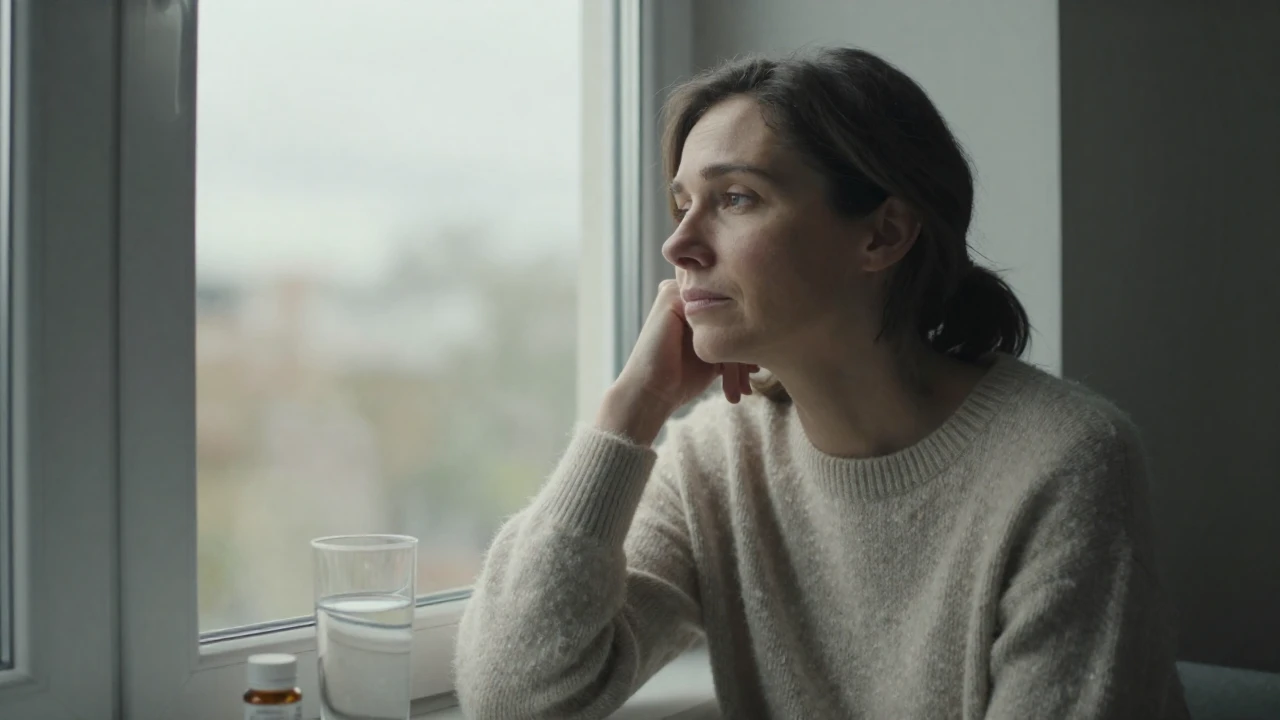 Una mujer contempla pensativa el cielo nublado desde una ventana interior.