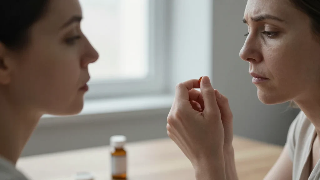 Mujer pensativa mira sus manos con una botella de vitamina D cerca.