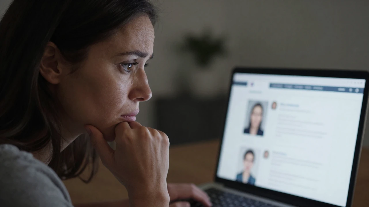 Mujer preocupada mira un perfil falso de amistad en su laptop.