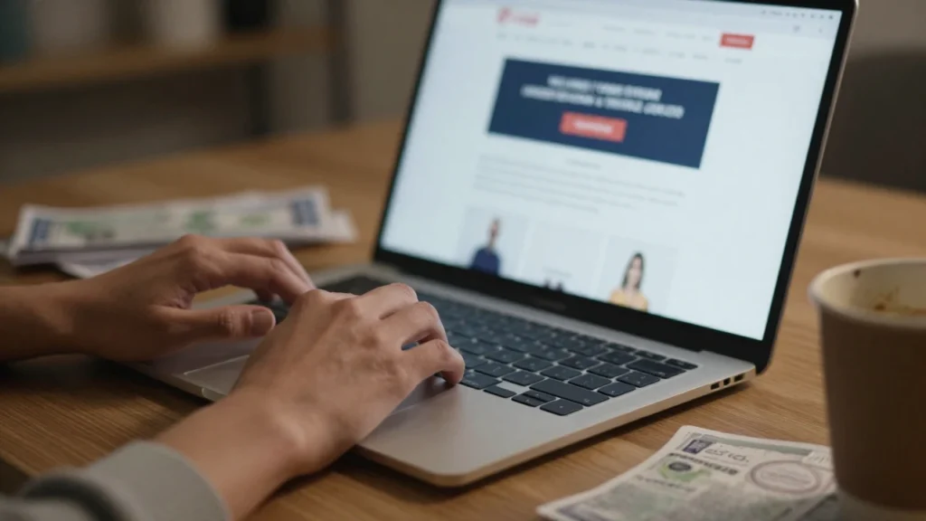 Una mujer duda frente a una compra online con una advertencia emergente.