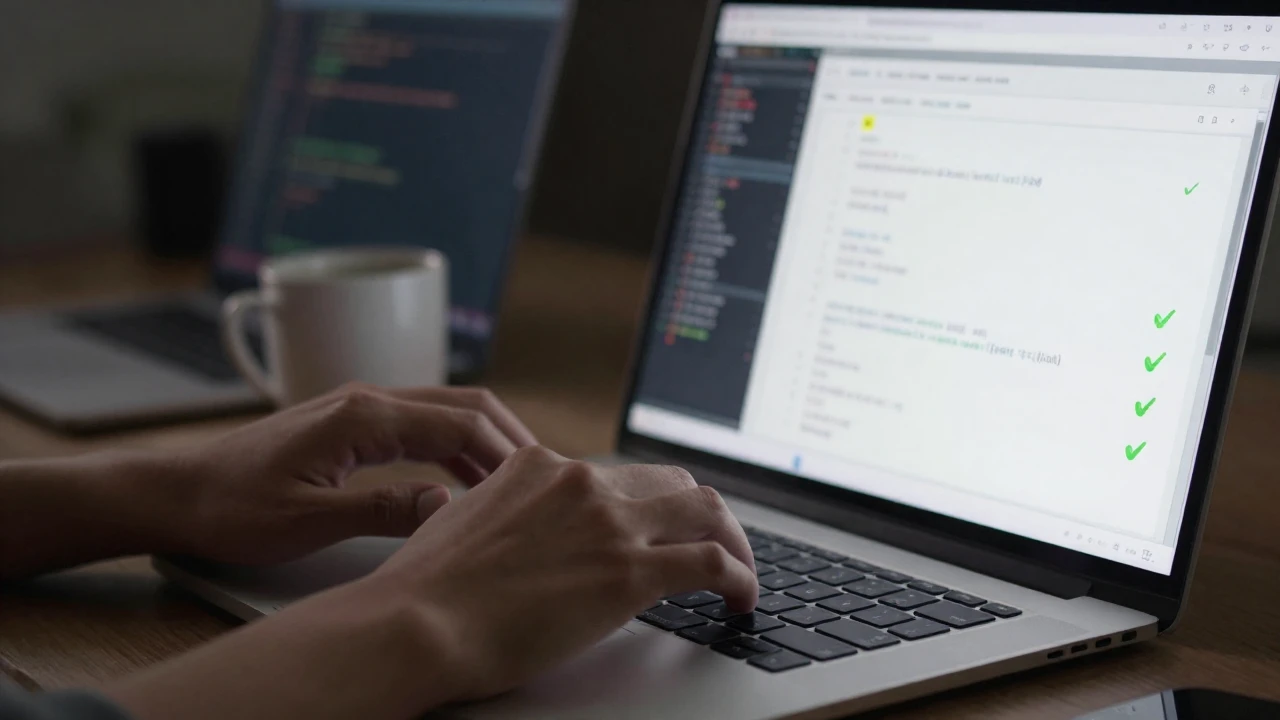 Manos tecleando código en un portátil con pruebas de software superadas en pantalla.