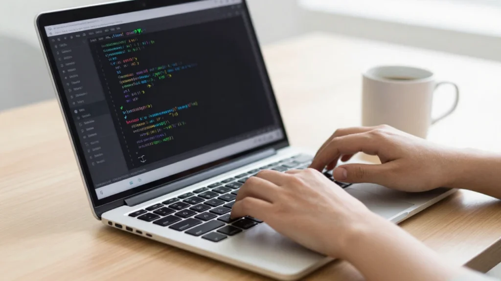 Manos escriben código Java en un portátil con resultados de pruebas unitarias visibles.