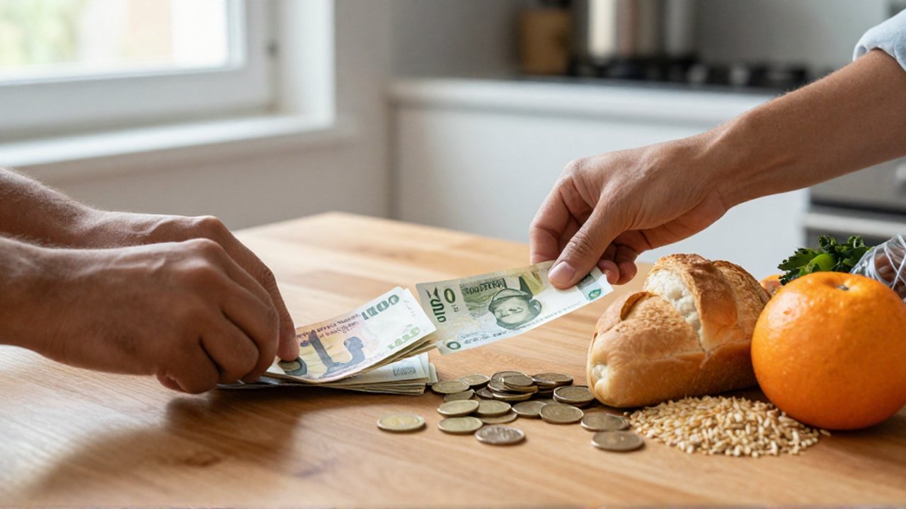 Manos de una persona desplazan billetes y monedas sobre una mesa de madera junto a alimentos básicos.
