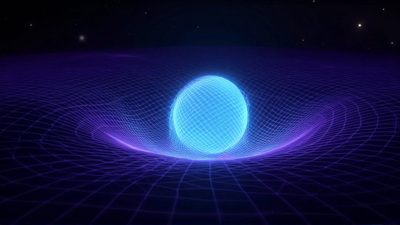 Un cuerpo celeste brillante deforma una malla geométrica de color violeta y azul en el espacio.
