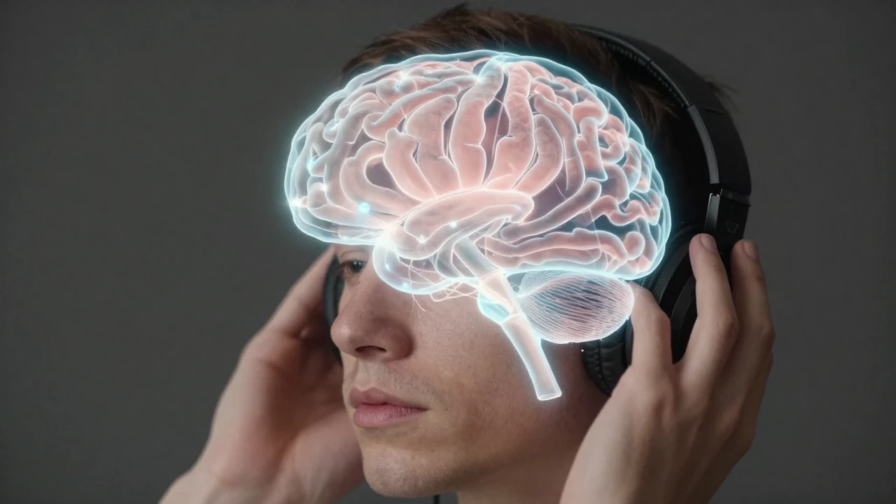 Joven escuchando música con auriculares, mostrando la actividad cerebral superpuesta.