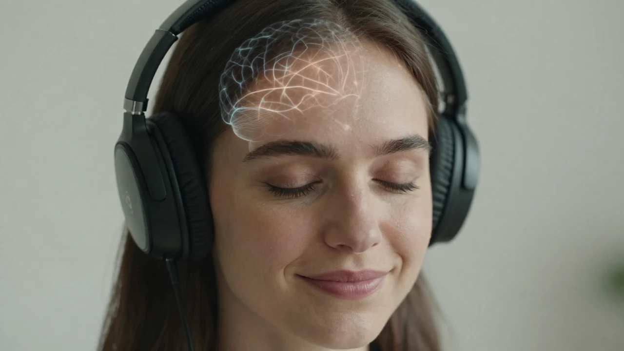 Joven con audífonos, ojos cerrados, y visualización de actividad cerebral luminosa.