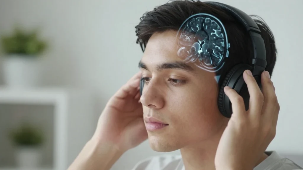Joven con auriculares escucha música mientras se visualiza actividad cerebral en segundo plano.