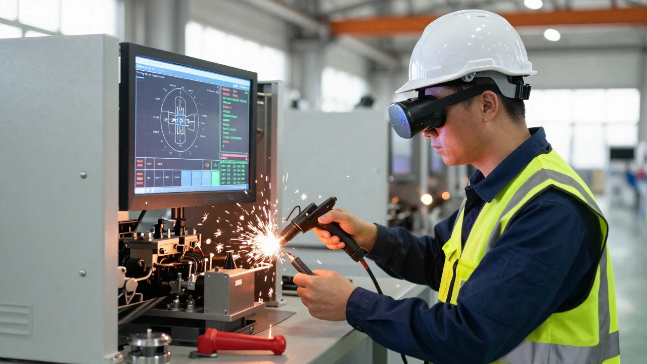 Técnico de mantenimiento utiliza gafas de realidad aumentada para reparar maquinaria industrial.