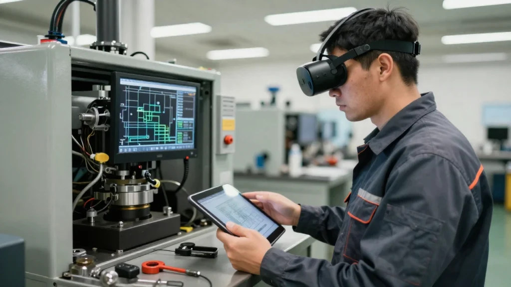 Un técnico de mantenimiento industrial usa unas gafas de realidad aumentada frente a maquinaria compleja.