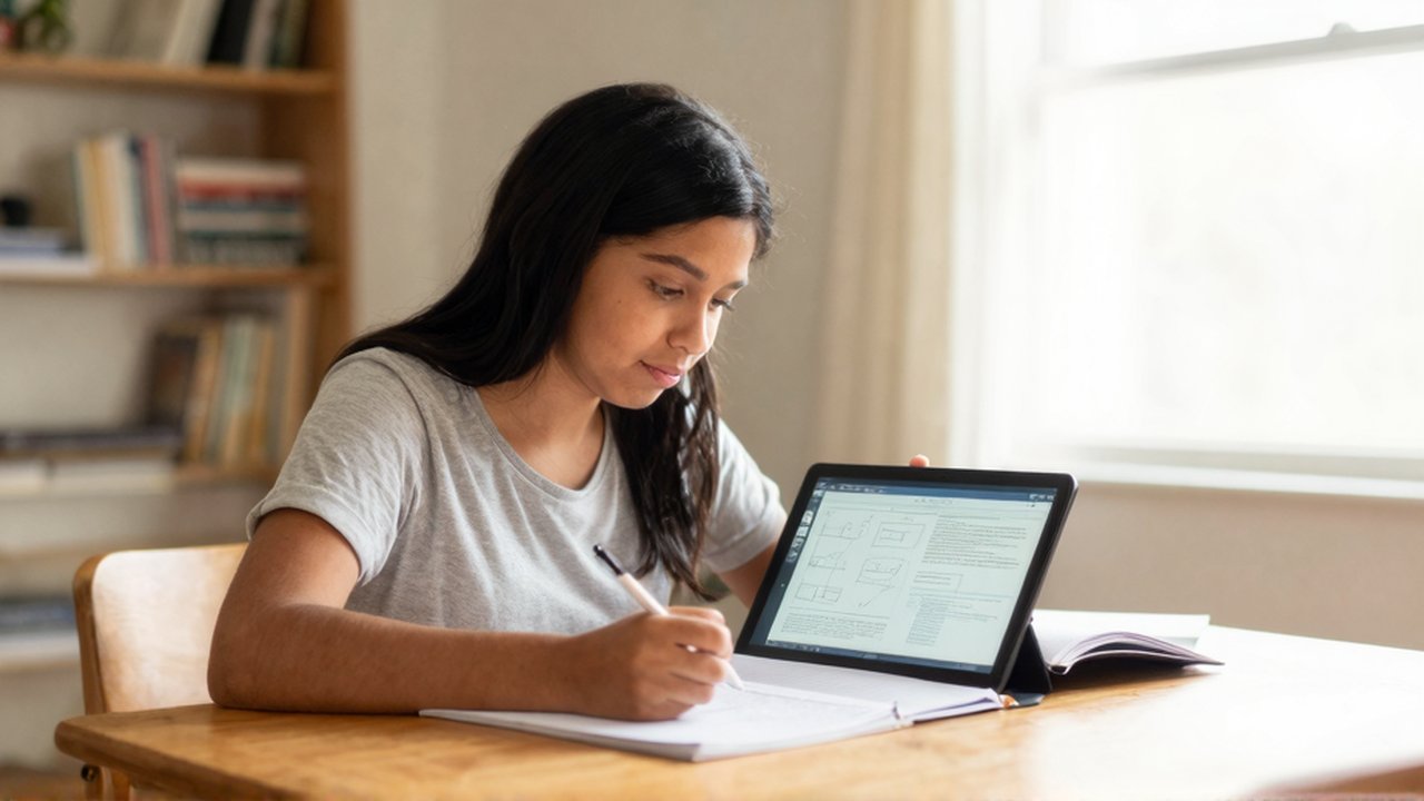 Una mujer joven escribe con un lápiz digital en una tableta sentada frente a una mesa de madera.