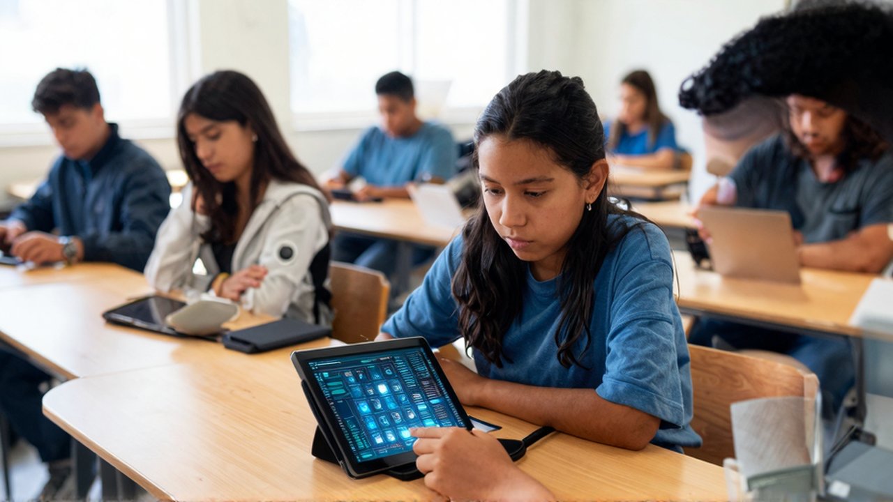 Estudiantes de diversas edades observan una tableta con iconos brillantes en un aula iluminada.