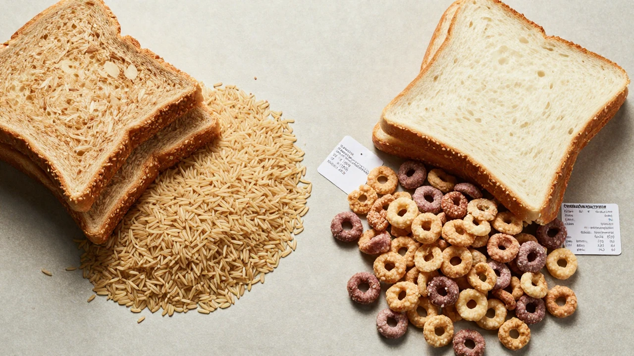 Comparación entre alimentos integrales saludables y opciones procesadas con alto contenido de azúcar.