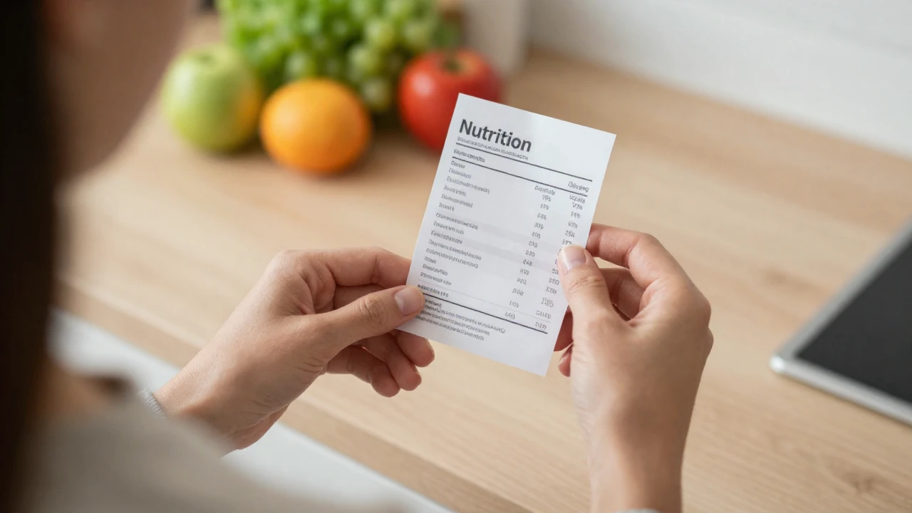 Manos sostienen una etiqueta nutricional sobre una encimera de madera con frutas y verduras borrosas.