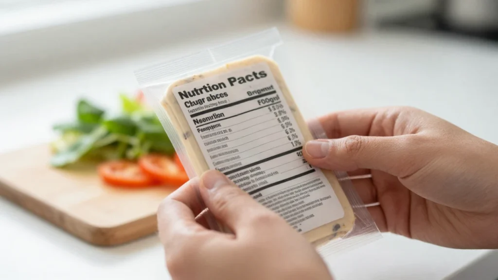 Manos sostienen un envase de comida con su información nutricional visible en una cocina.