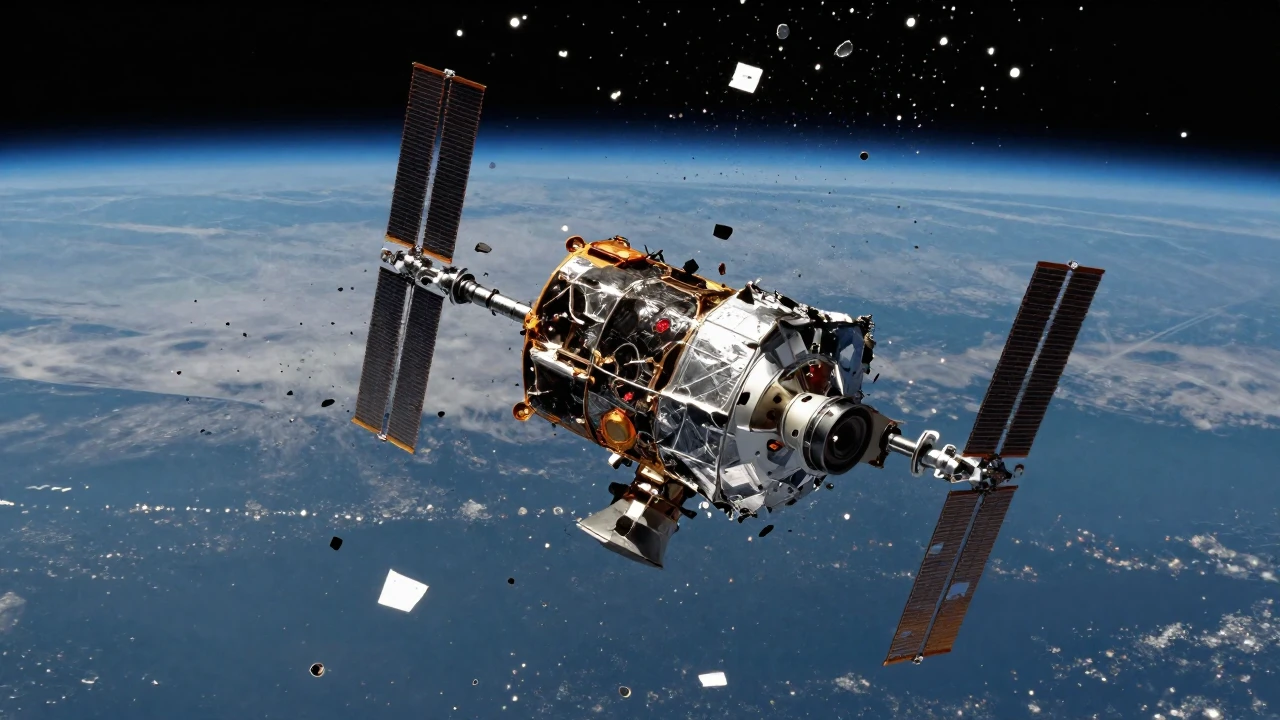 Un satélite averiado gira entre los restos de basura espacial en órbita baja terrestre.
