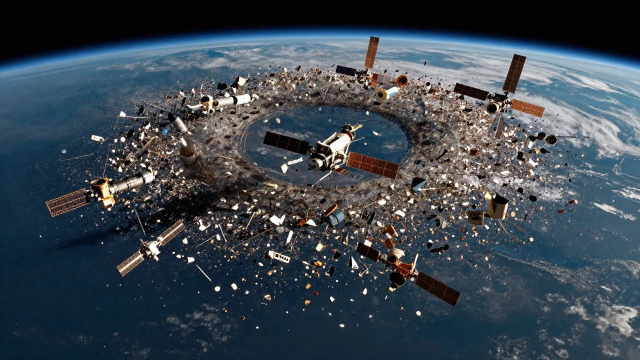 La Tierra orbitada por una densa nube de restos espaciales y satélites activos.