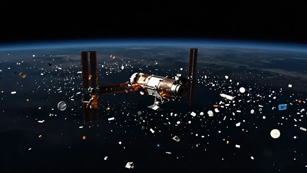 Un satélite de comunicaciones orbitado por una densa nube de restos espaciales.
