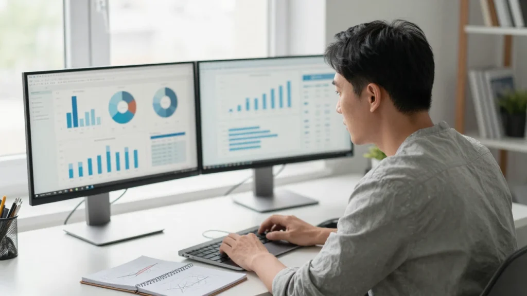 Analista de datos trabajando concentrado con gráficos y un portátil en su oficina en casa.