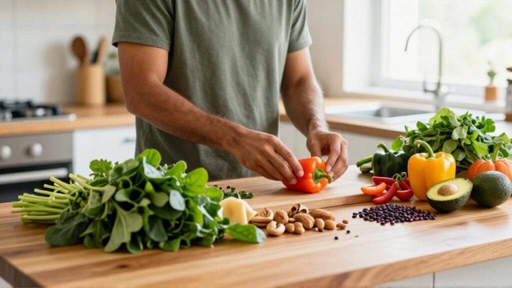 Una persona latina organiza diversos alimentos frescos como verduras