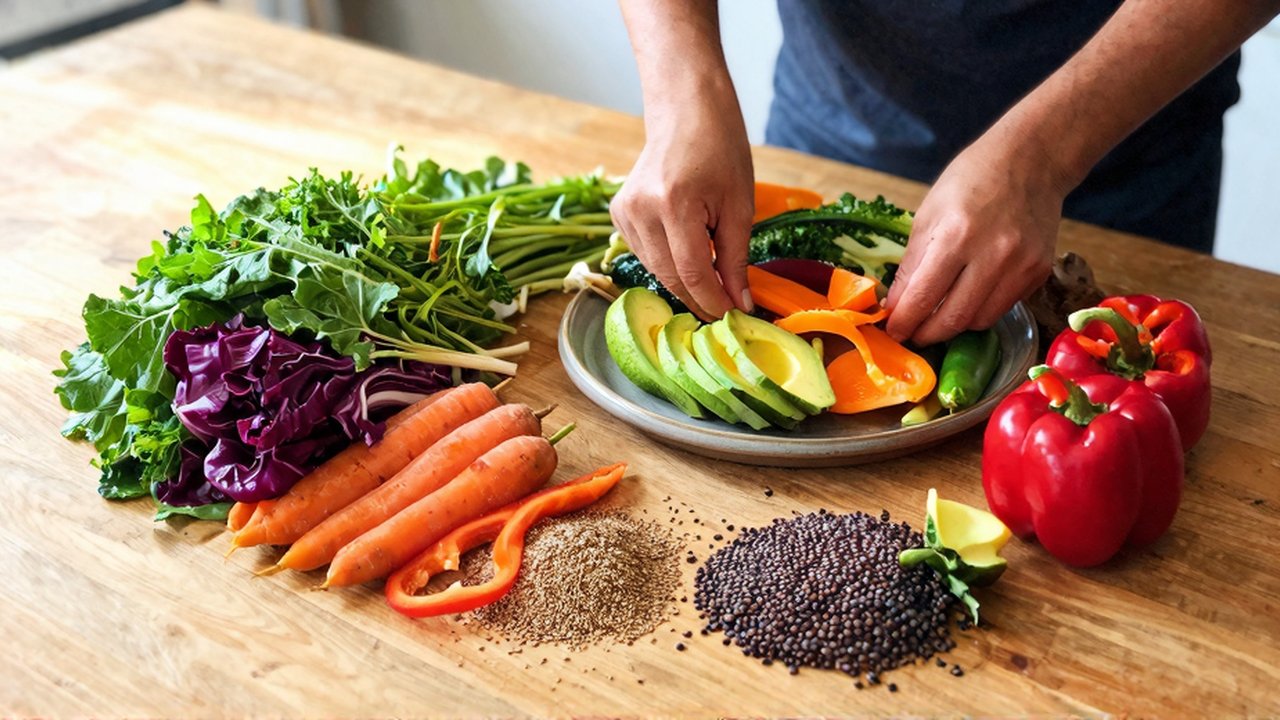 Manos de una persona disponen vegetales coloridos y semillas sobre un plato en una mesa de madera.