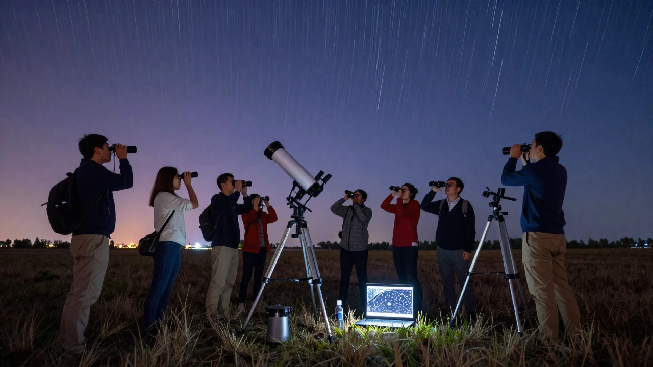 Grupo de aficionados a la astronomía observando el cielo nocturno con telescopios y binoculares.