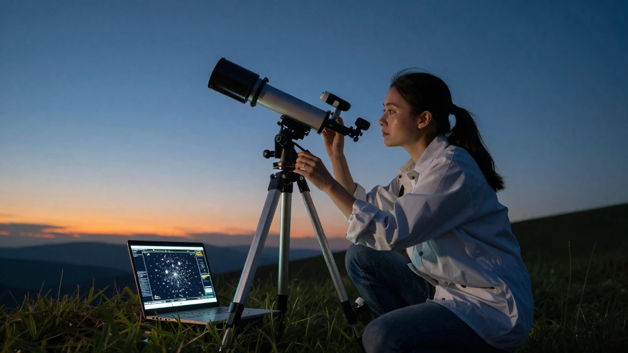 Astrónoma joven preparando un telescopio en una colina al atardecer.