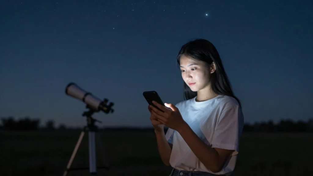 Una joven observa las estrellas con una aplicación de astronomía en su teléfono móvil.