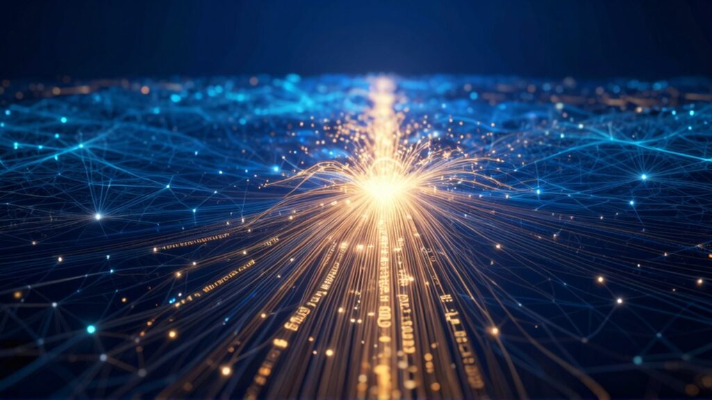 Partículas de luz dorada fluyen a través de una red de conexiones neuronales y nodos digitales.