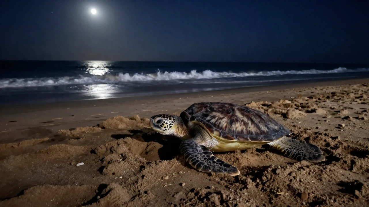 Una tortuga marina cava un nido en la arena bajo la luz de la luna.