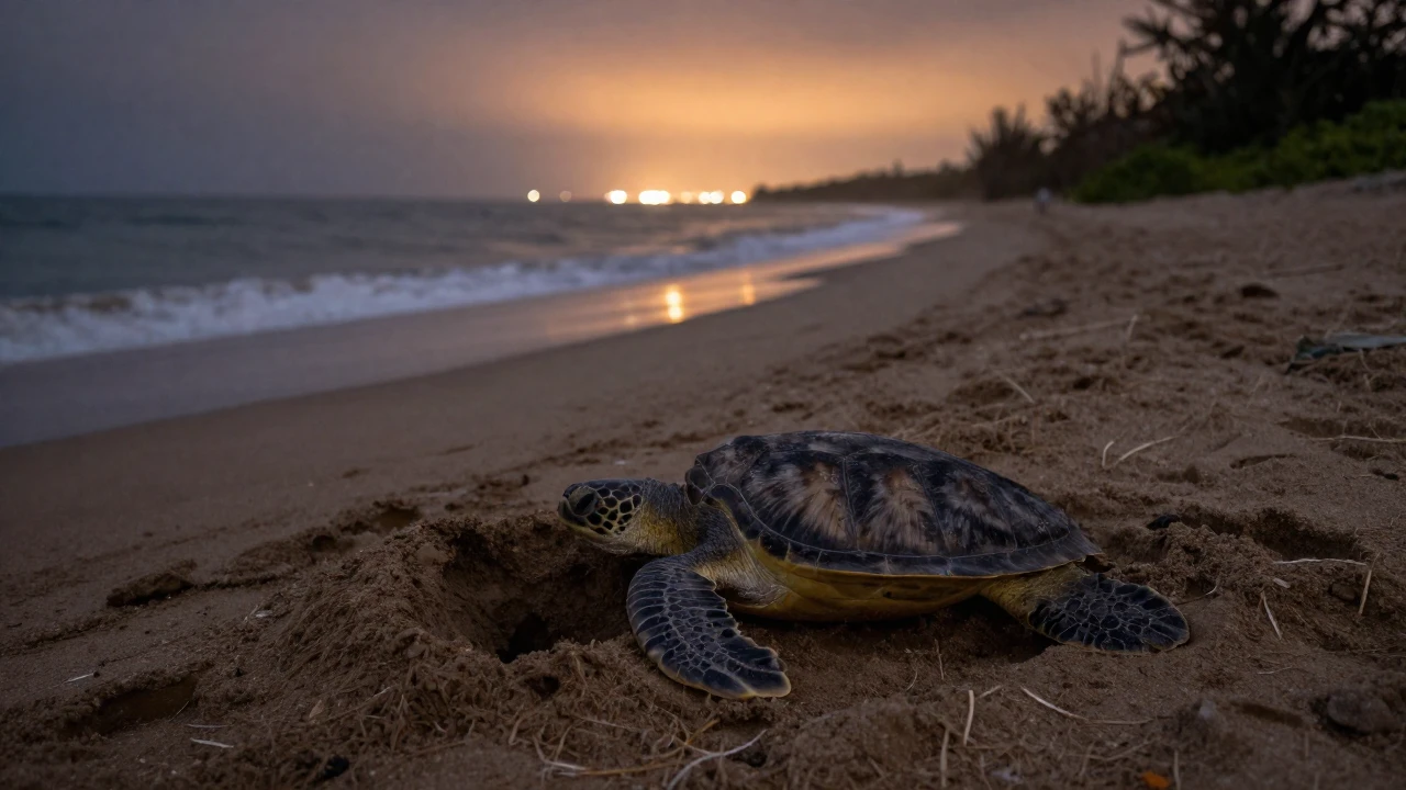 Una tortuga marina cava un nido en la arena oscura de una playa iluminada por la ciudad.
