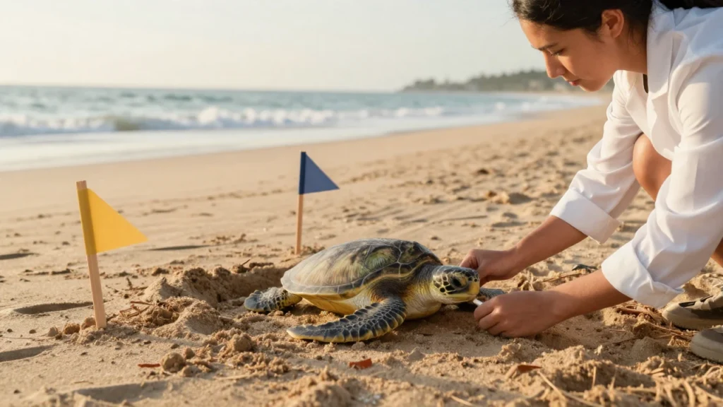 Una bióloga marina mide cuidadosamente a una tortuga verde anidando en la playa.