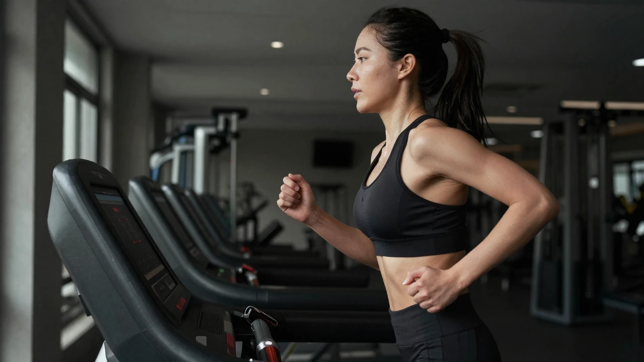 Mujer corriendo en cinta de correr con monitor de ritmo cardíaco en el gimnasio.