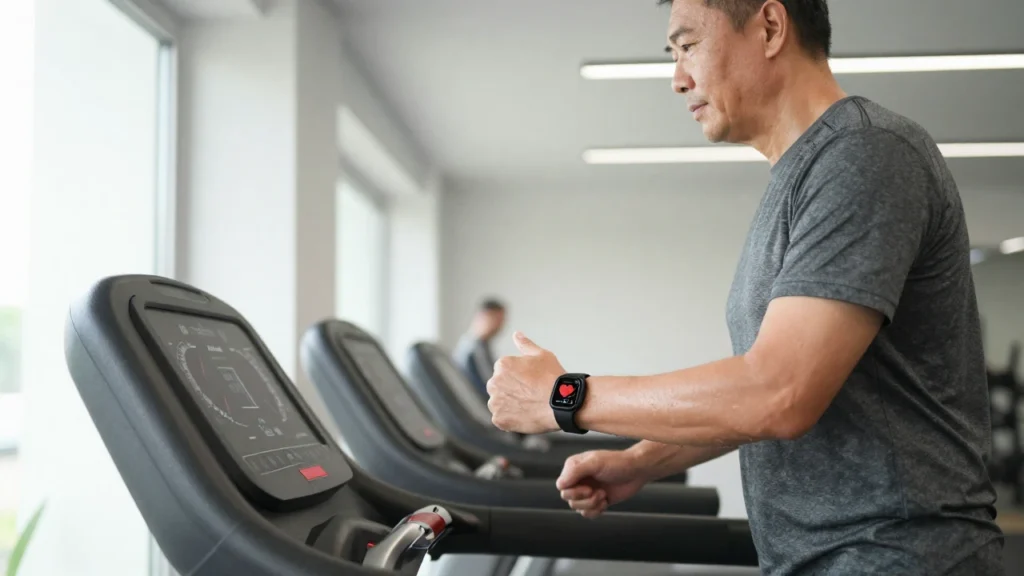 Un hombre de mediana edad corre en una cinta de correr mientras controla su ritmo cardíaco.