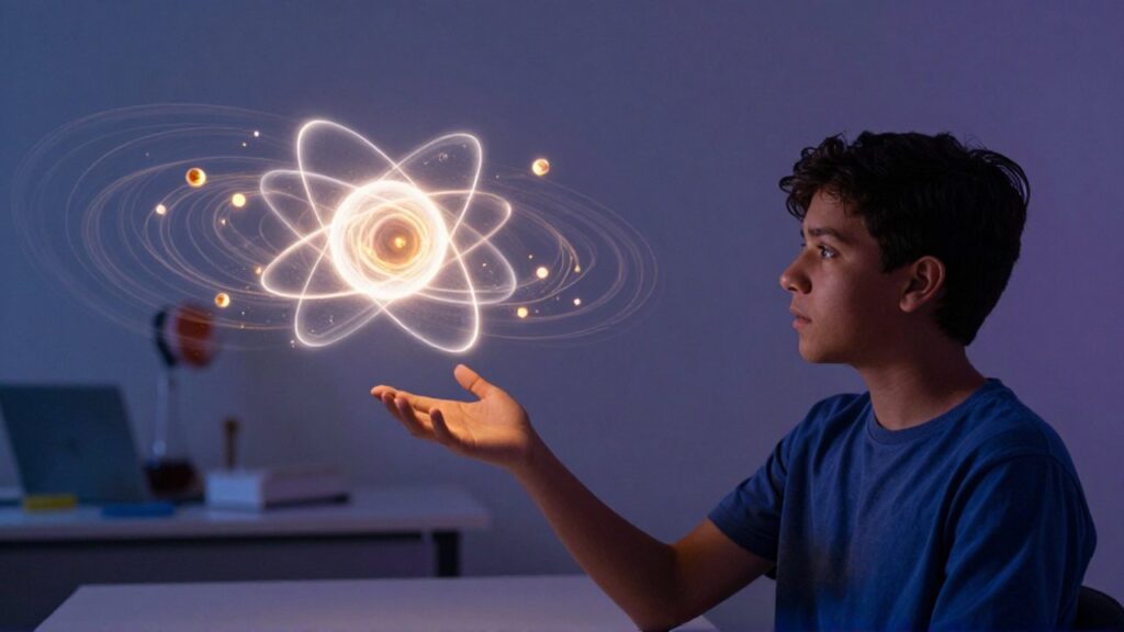Un estudiante latinoamericano extiende su mano hacia un modelo atómico brillante y traslúcido en un estudio moderno.