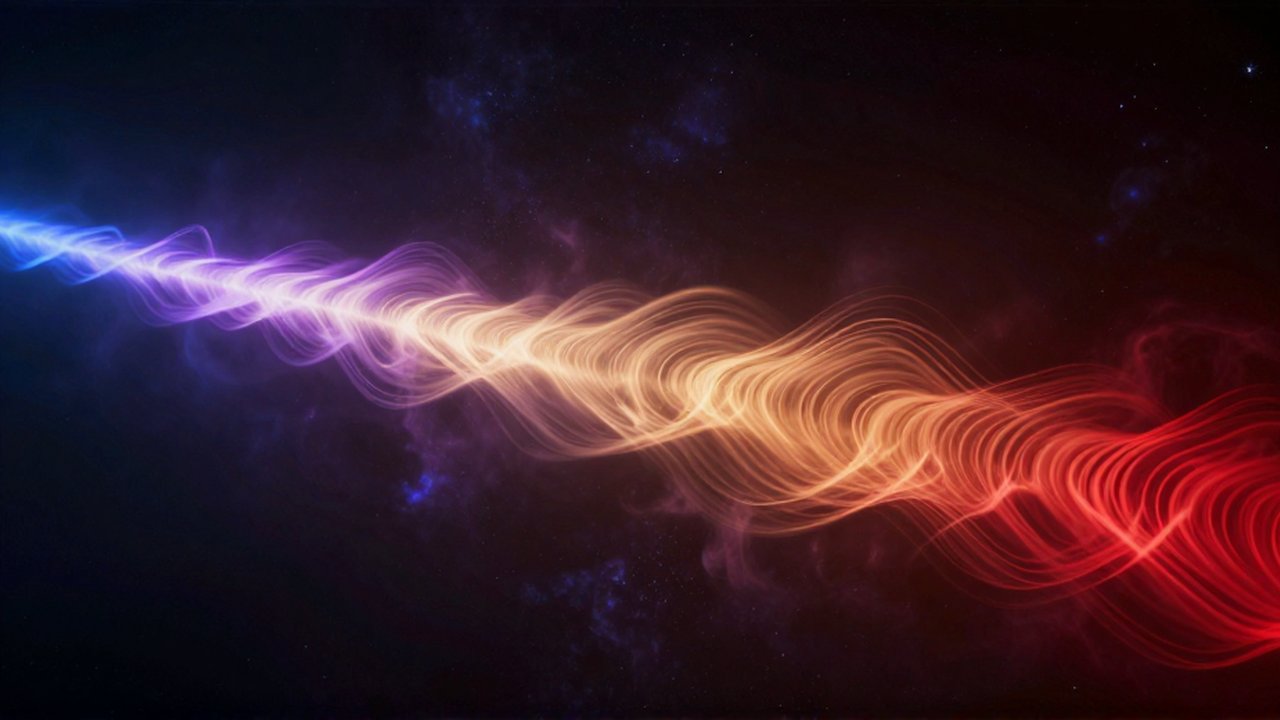 Ondas de luz cambian de tonos violetas y azules a rojos y ámbar sobre un fondo de estrellas.