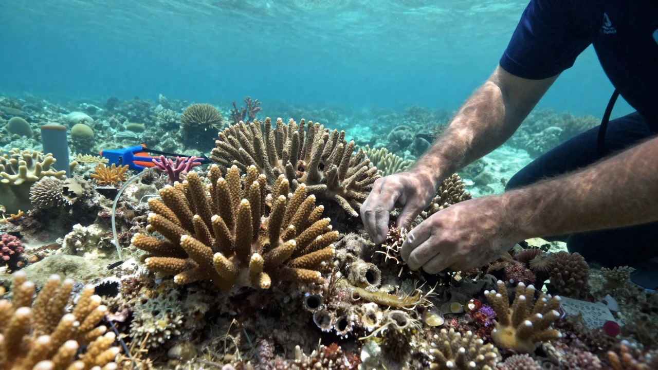 Biólogo marino plantando fragmentos de coral en un proyecto de restauración de arrecifes.