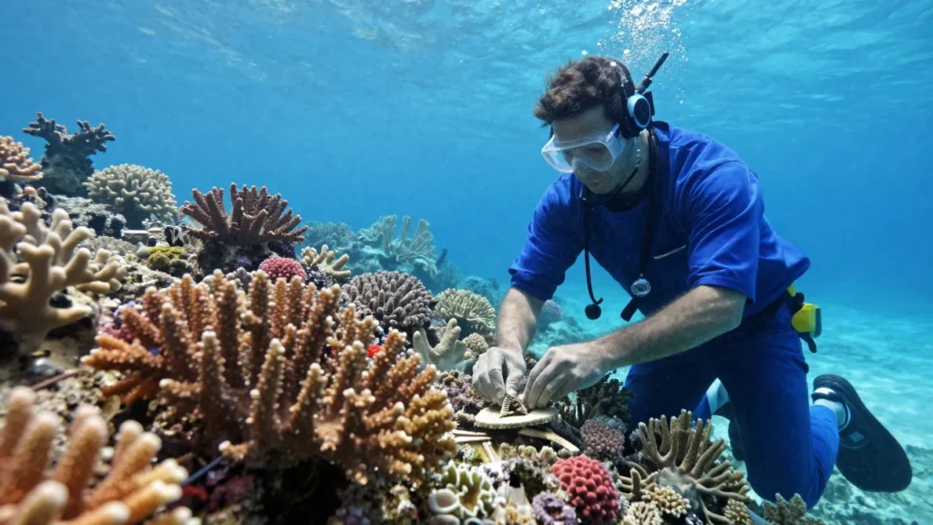 Biólogo marino plantando fragmentos de coral en un proyecto de restauración de arrecifes.