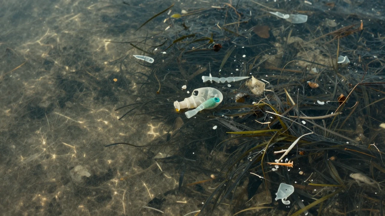 Aguas costeras poco profundas con restos de plástico flotando entre la vegetación marina.