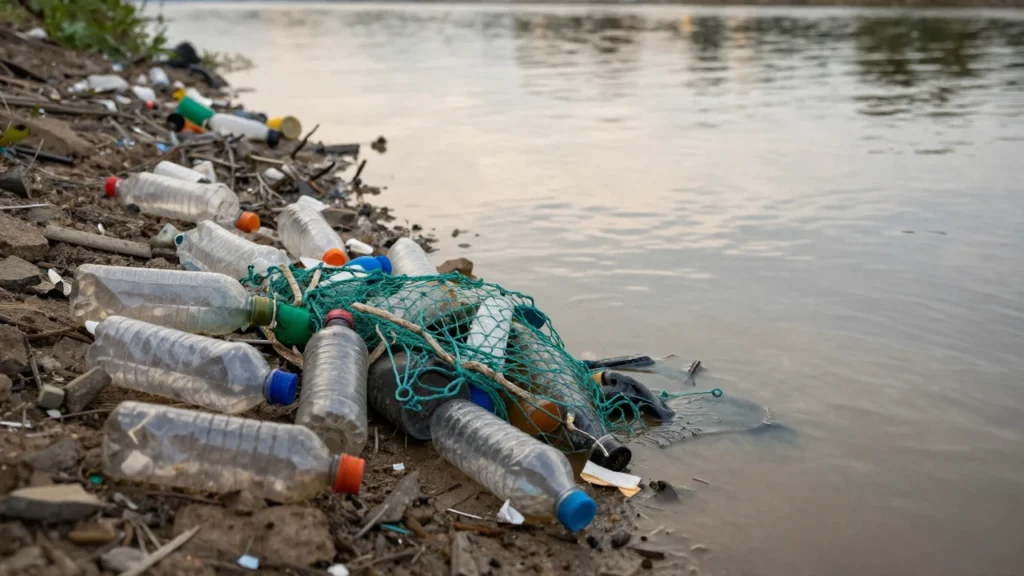 Acumulación de residuos plásticos y una red de pesca en la orilla de un río contaminado.