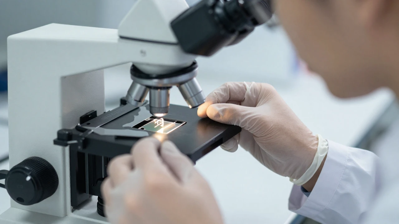 Manos con guantes operan equipo de laboratorio sobre una muestra de ADN.