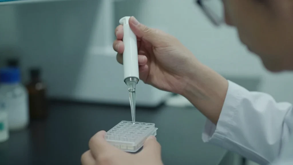 Investigador realiza una pipeta en una placa de laboratorio para análisis genético.