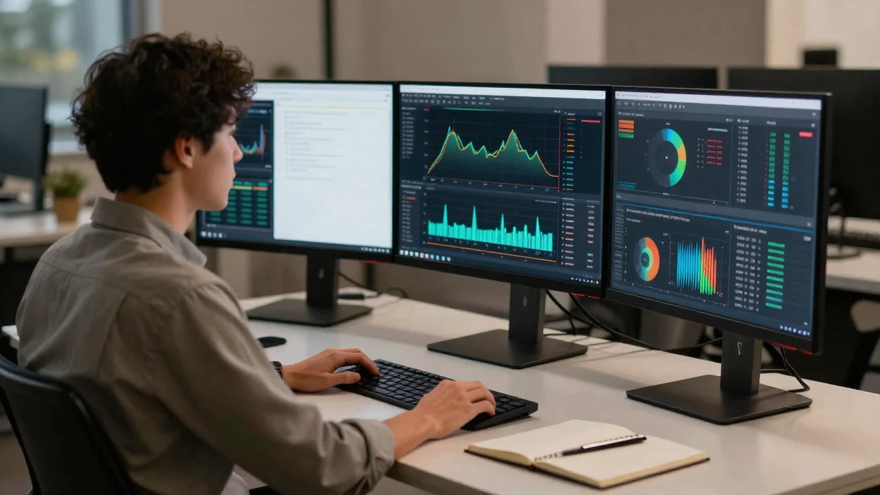 Un científico de datos analiza visualizaciones de datos en múltiples monitores en su oficina.